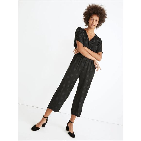 MADEWELL Wrap-Front Smock-Waist Black Jumpsuit in Dot Jacquard // S - Picture 1 of 13